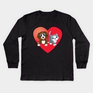 Brown Dog and Cat on Red Heart Kids Long Sleeve T-Shirt